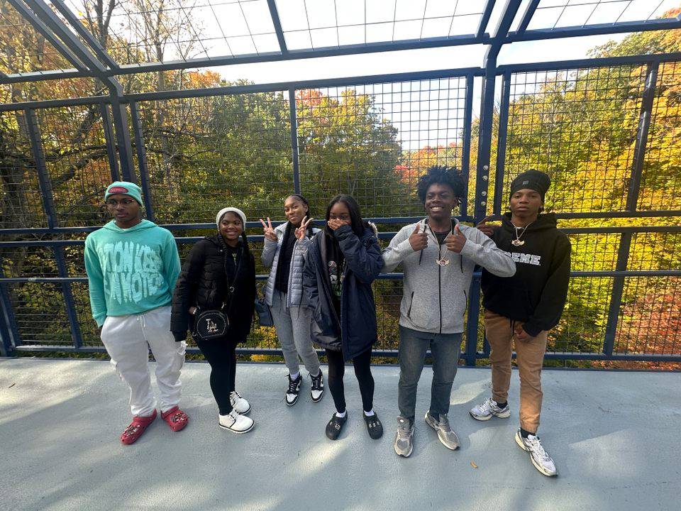 GVSU Charter School students posing on the blue bridge